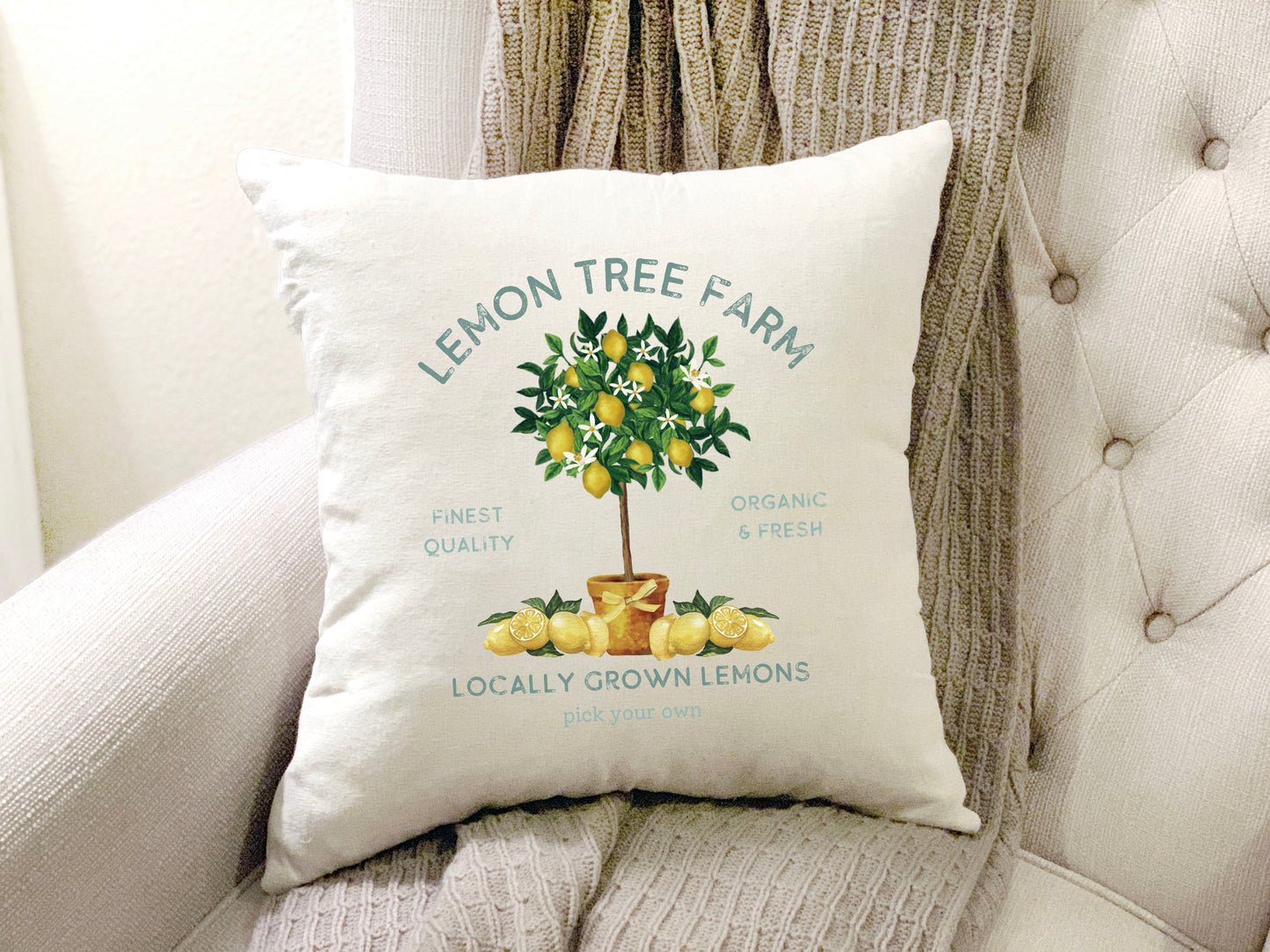 Lemon Tree Summer Pillow Cover featuring a lemon tree graphic on a soft multicolor design, 18x18 inches.