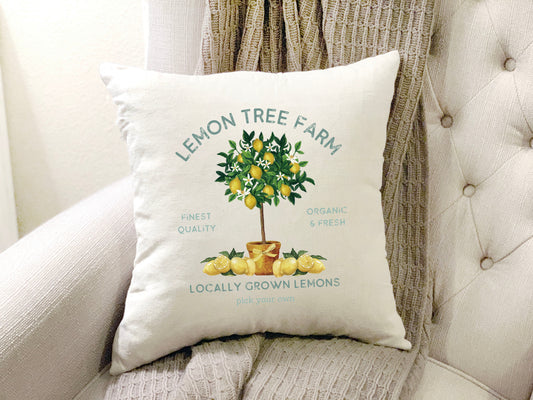 Lemon Tree Summer Pillow Cover featuring a lemon tree graphic on a soft multicolor design, 18x18 inches.