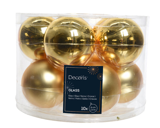 Glass 2.4" Ornaments - 10 piece Set - Shiny Gold