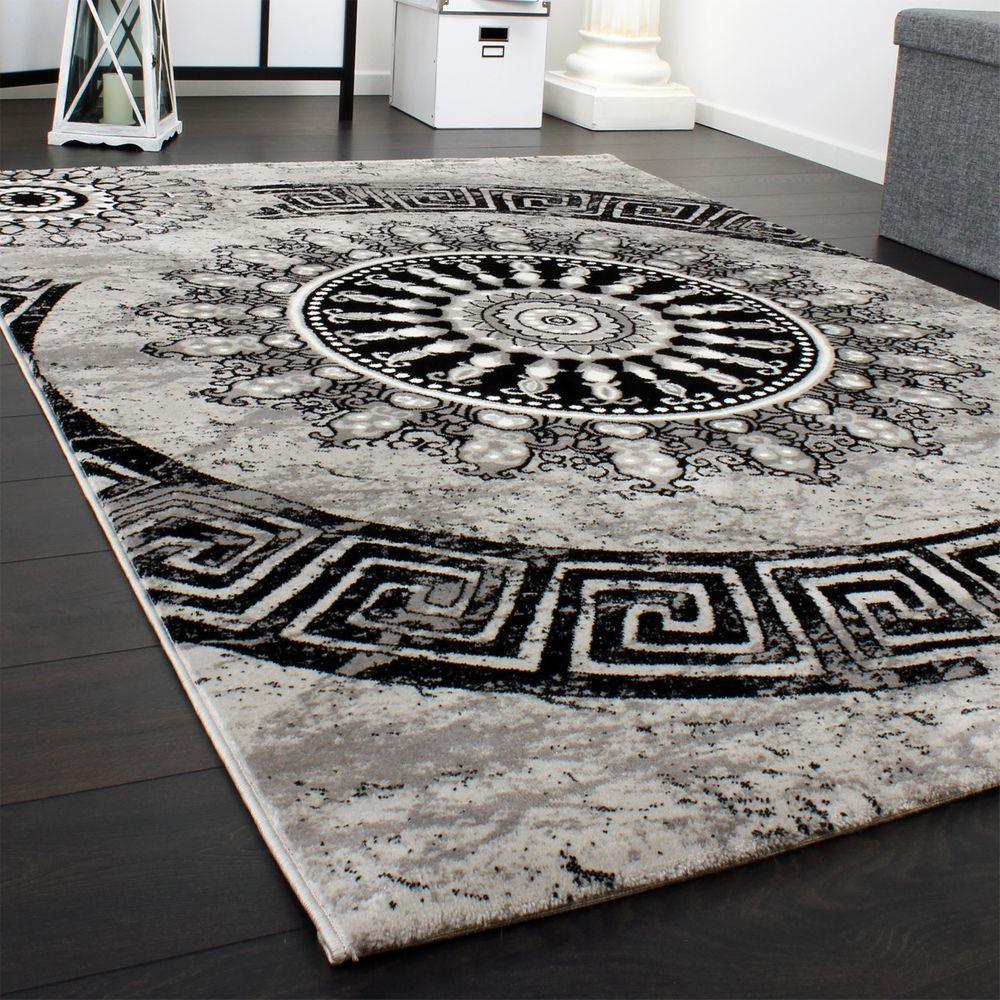 Living Room Rug, Mandala Design, Short-Pile With Oriental Pattern And Marble Look