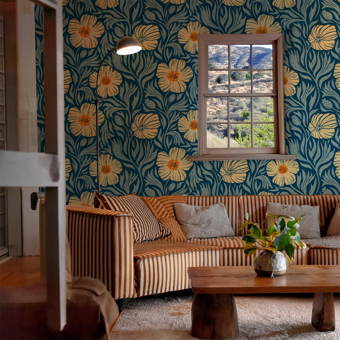Matilija Wallpaper, navy, orange & mint