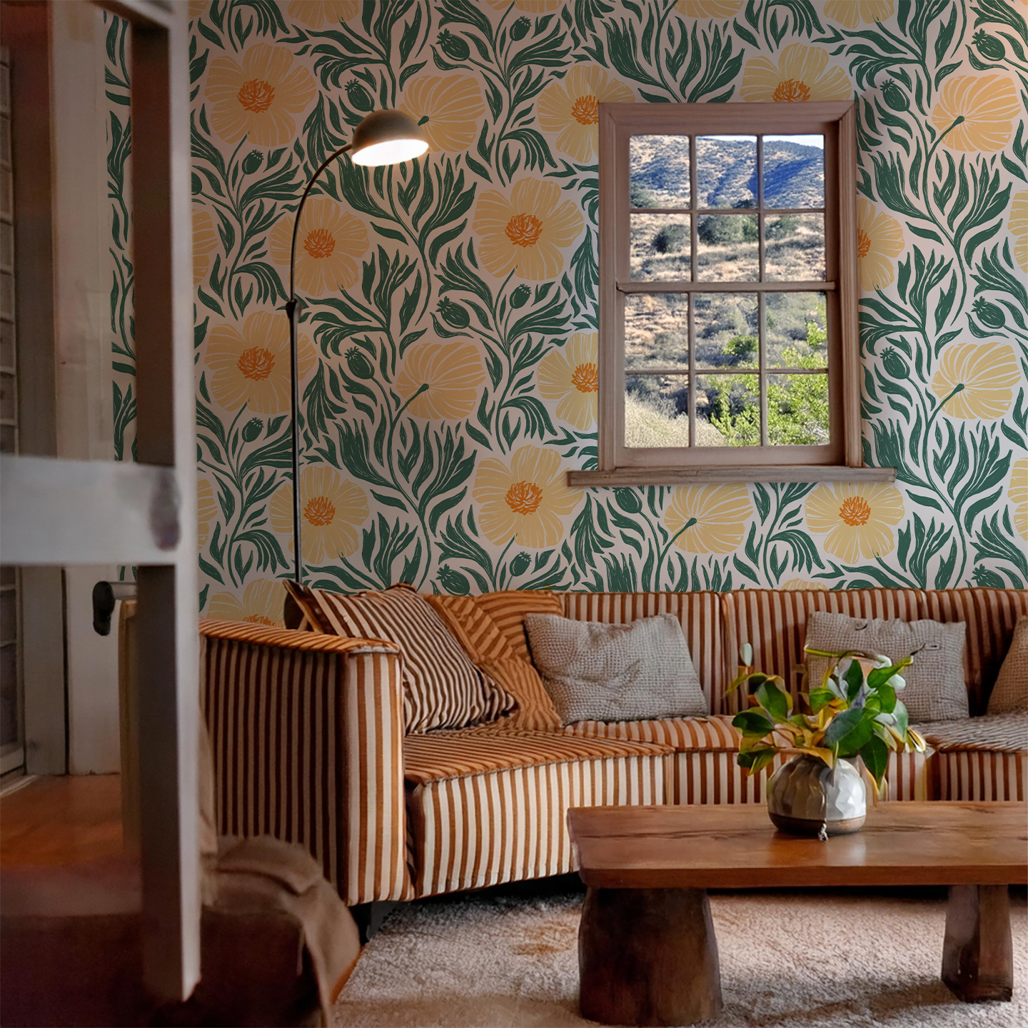 Matilija Wallpaper, white, teal & peach