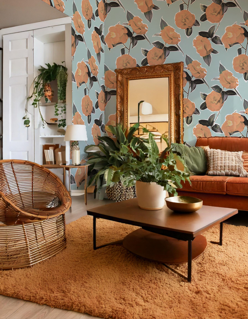 Camellia Wallpaper, light blue