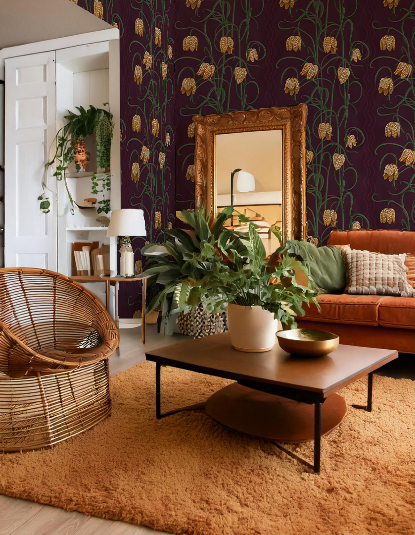 Campanas Wallpaper, eggplant and toffee