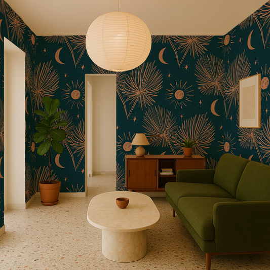 Night Palm Wallpaper, navy and terra cotta