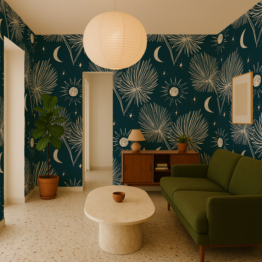 Night Palm Wallpaper, navy and white