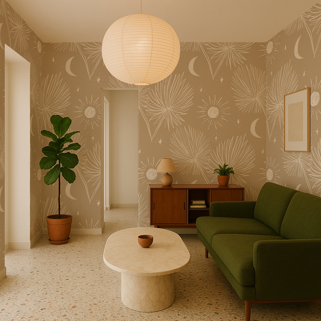 Night Palm Wallpaper, tan and white