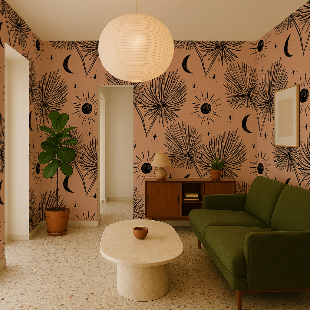 Night Palm Wallpaper, terra cotta and black