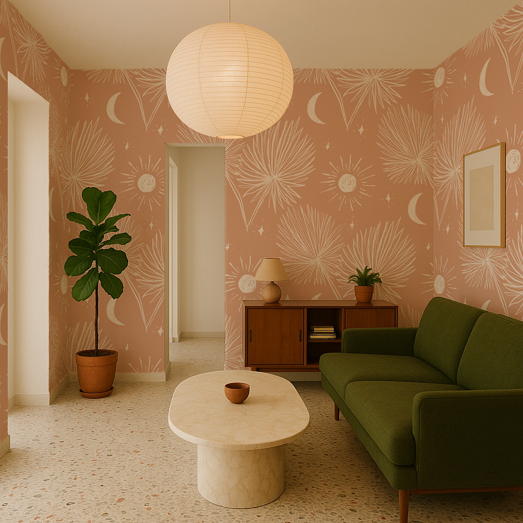 Night Palm Wallpaper, terra cotta and white