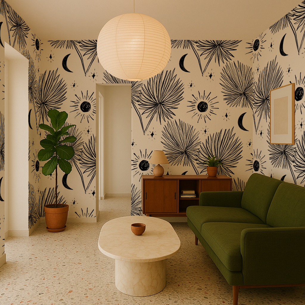 Night Palm Wallpaper, white and black