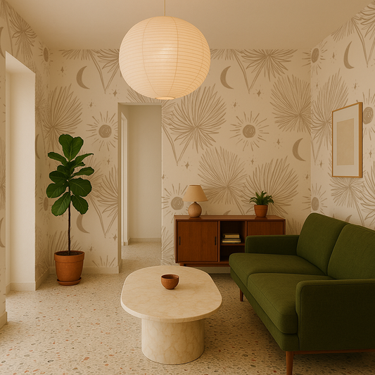 Night Palm Wallpaper, white and tan