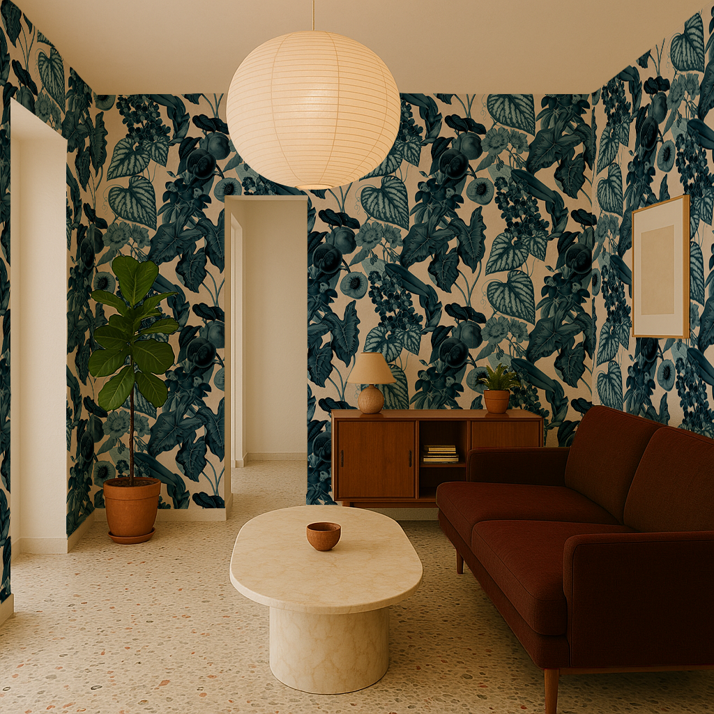 Cali Tropicale Wallpaper, off-white and blue