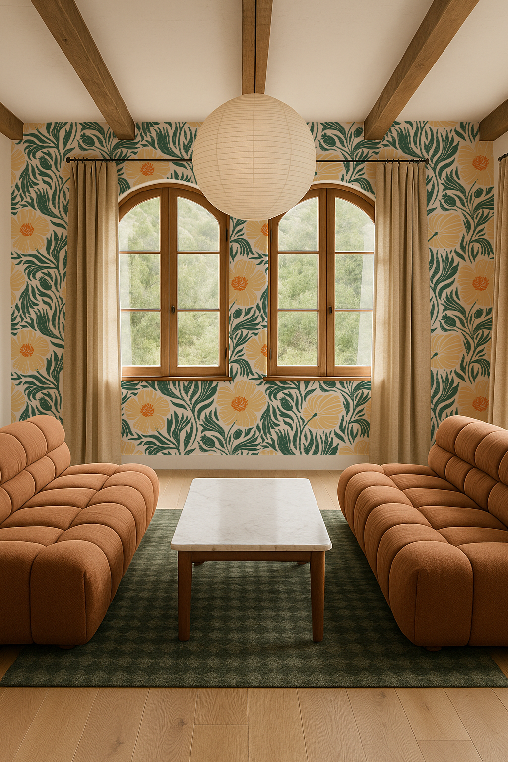 Matilija Wallpaper, white, teal & peach