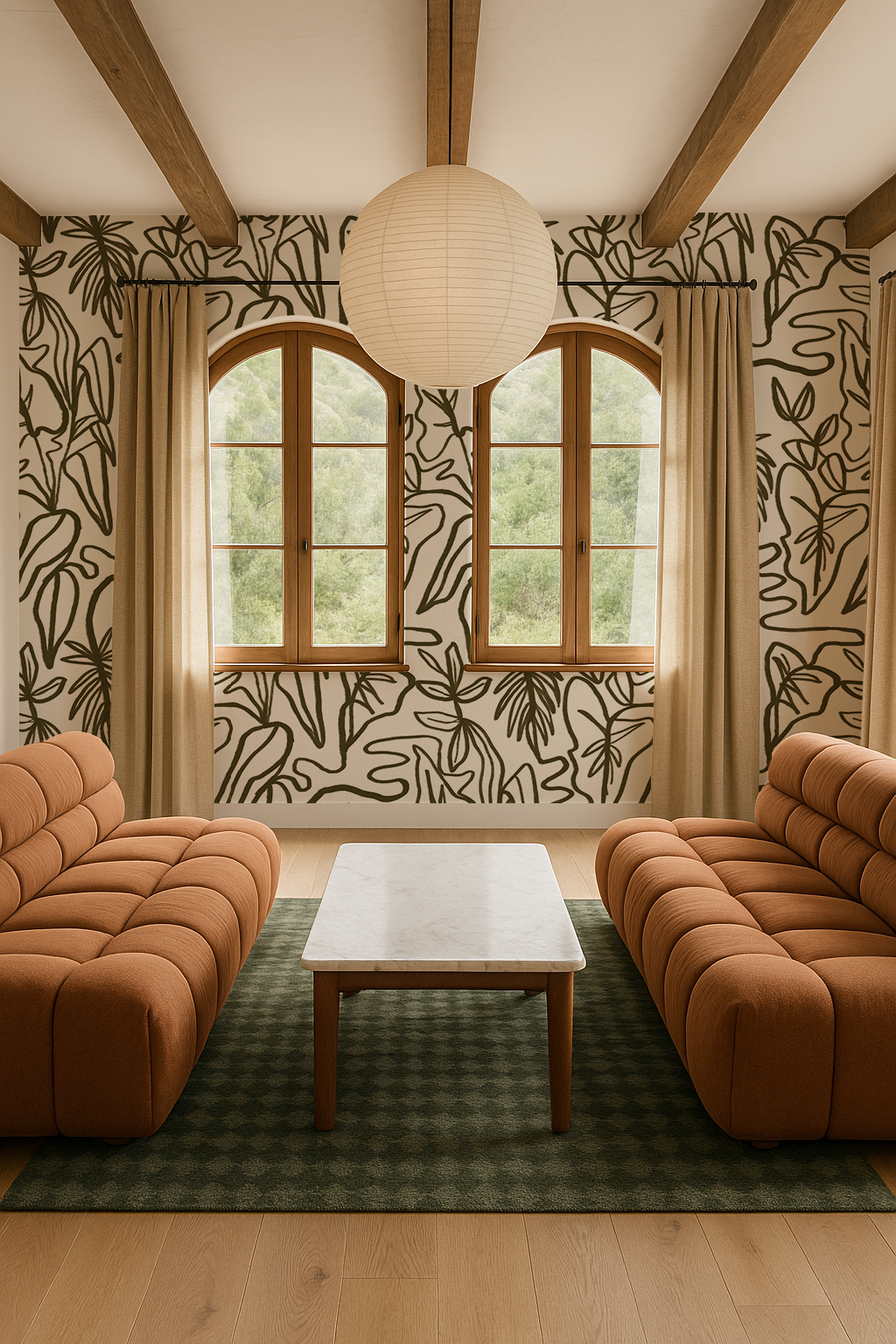 Inked Foliage Wallpaper, white and olive green