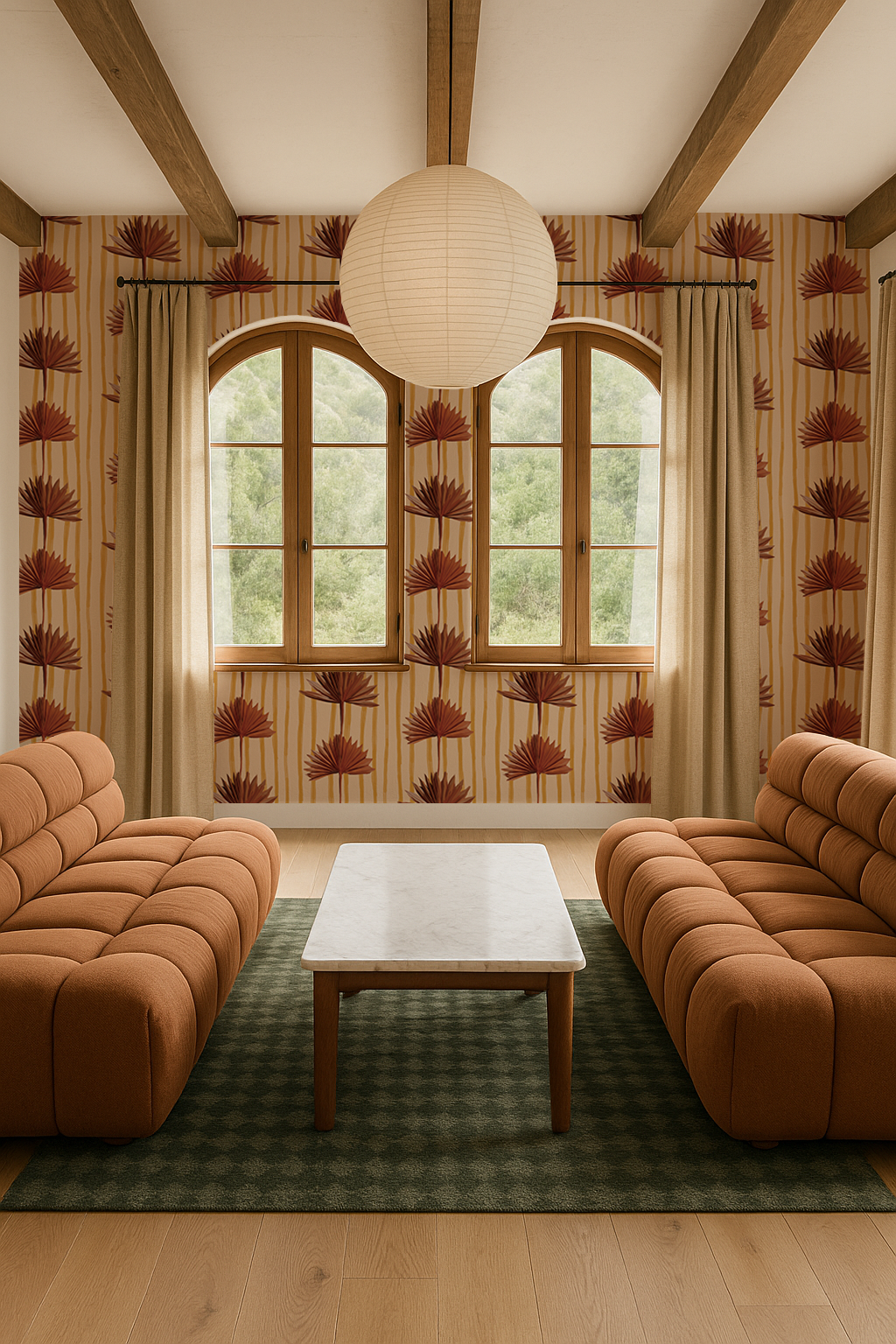 Stripey Palm Wallpaper, nude mustard and rust