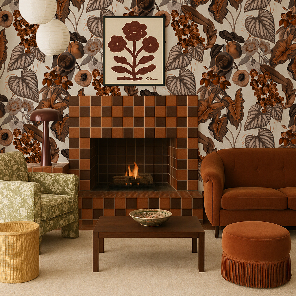 Cali Tropicale Wallpaper, off-white and burnt orange