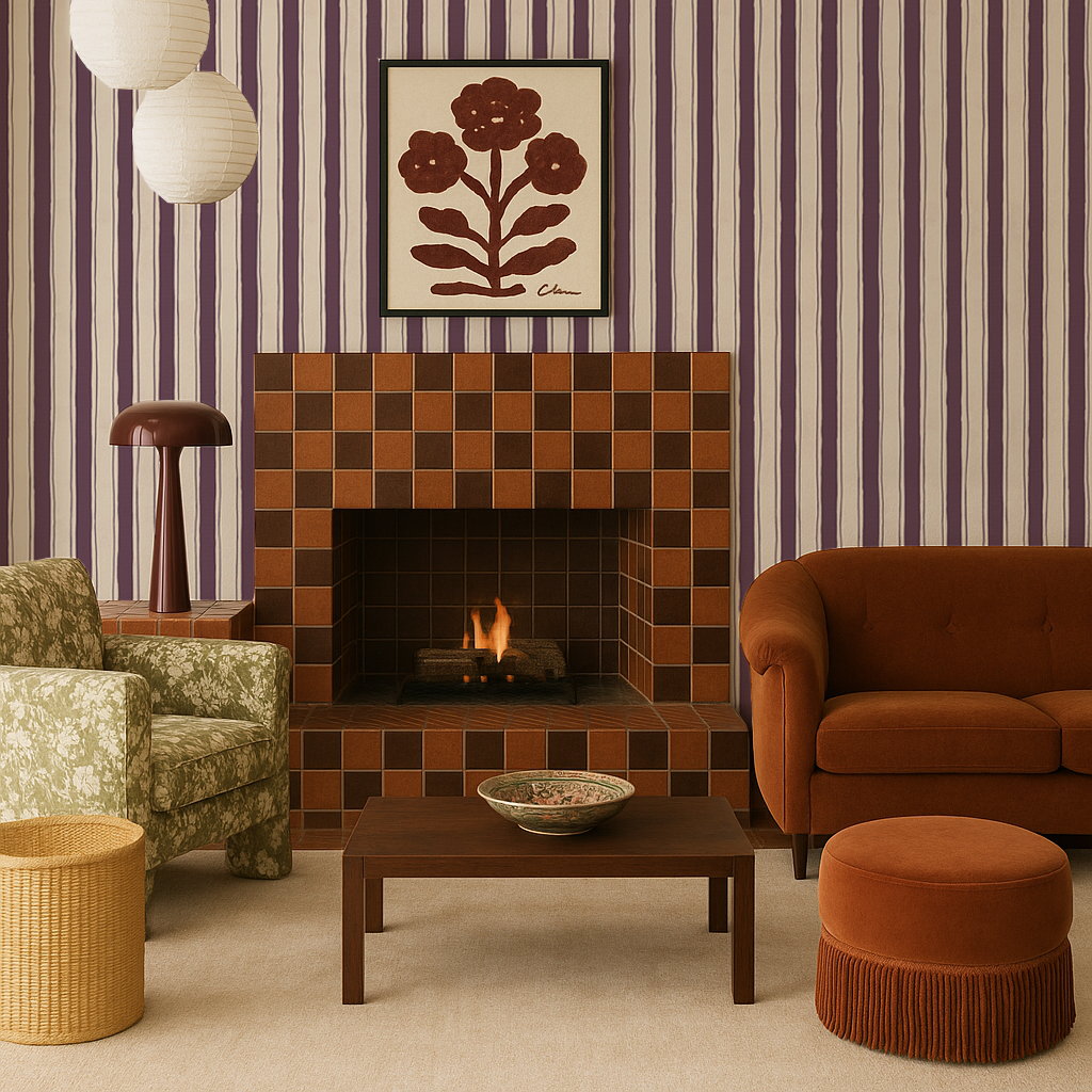 Riviera Stripe Wallpaper, off-white and eggplant