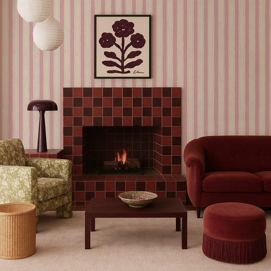 Riviera Stripe Wallpaper, off-white and pink