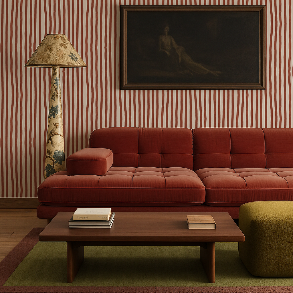 Dolce Stripe Wallpaper, off-white and brick red