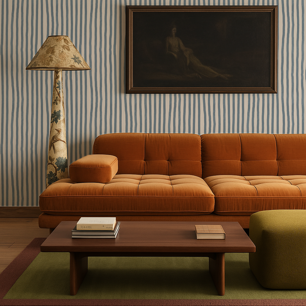 Dolce Stripe Wallpaper, off-white and dusty blue