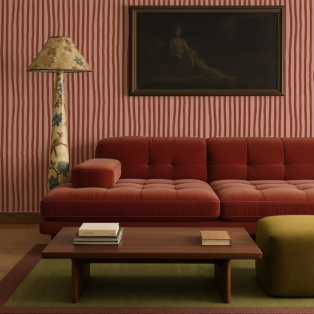 Dolce Stripe Wallpaper, pink and brick red