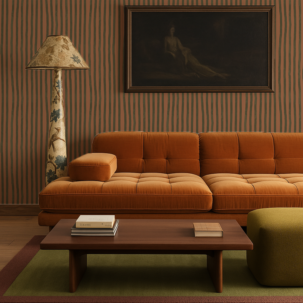 Dolce Stripe Wallpaper, terra cotta and olive