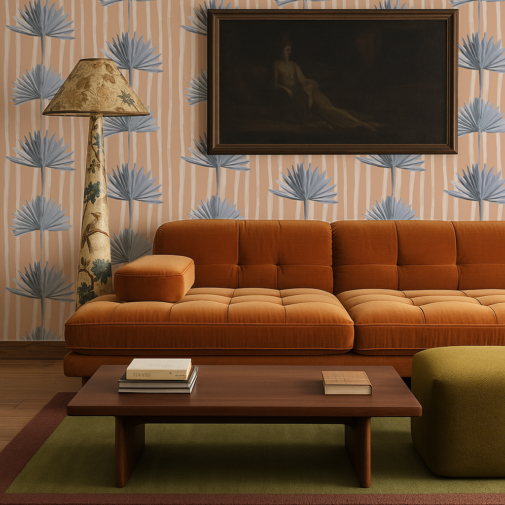 Stripey Palm Wallpaper, peach and blue