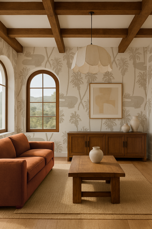 Palm Oasis Wallpaper, white and tan