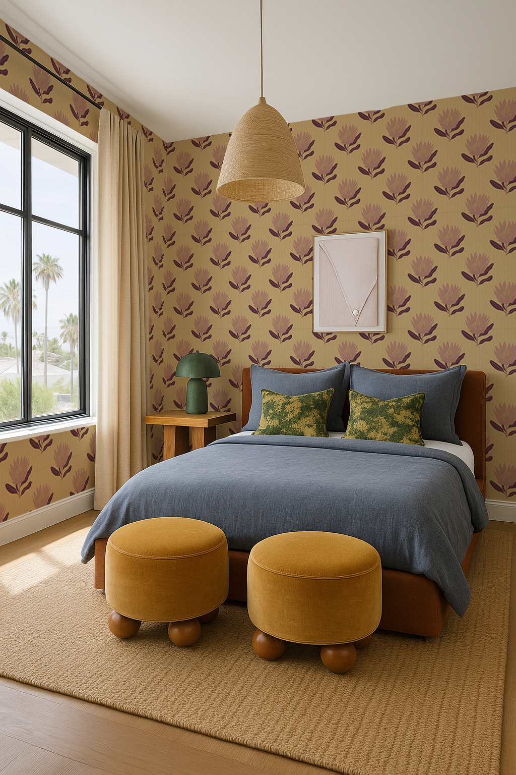 King Protea Wallpaper, butter yellow and mauve