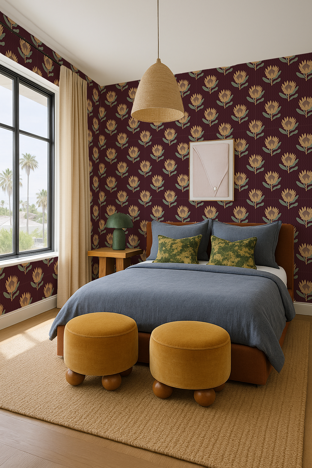 King Protea Wallpaper, dark plum and butter yellow