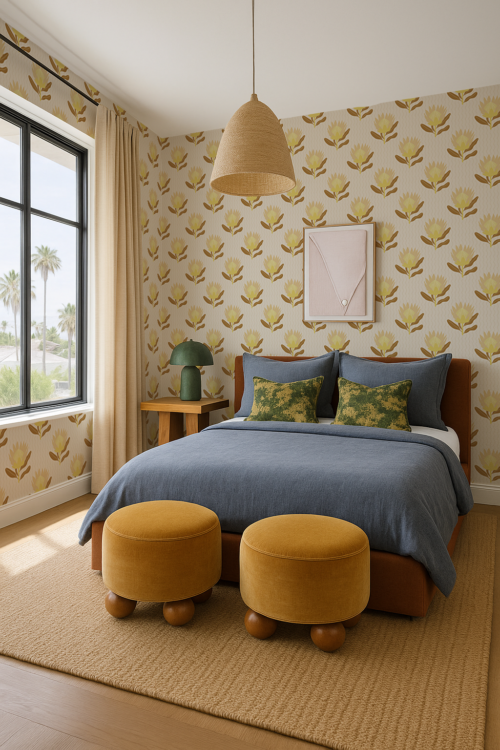 King Protea Wallpaper, neutral and brown mustard