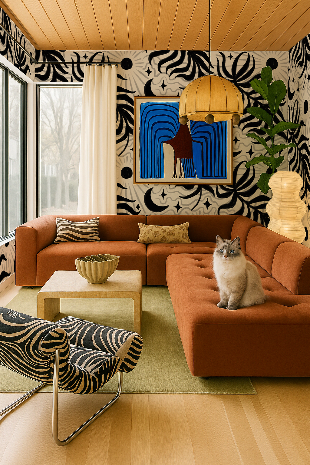 Lunar Leaf Wallpaper, beige and black