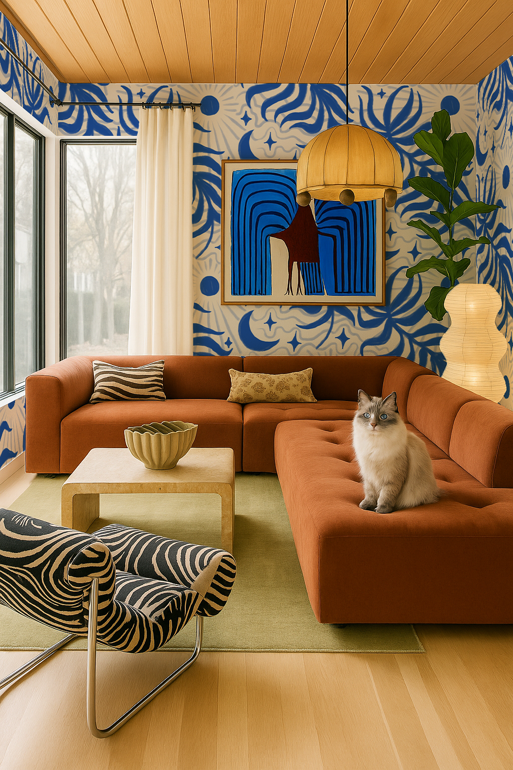 Lunar Leaf Wallpaper, beige & blue