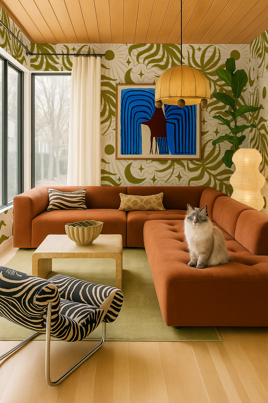 Lunar Leaf Wallpaper, beige and olive green