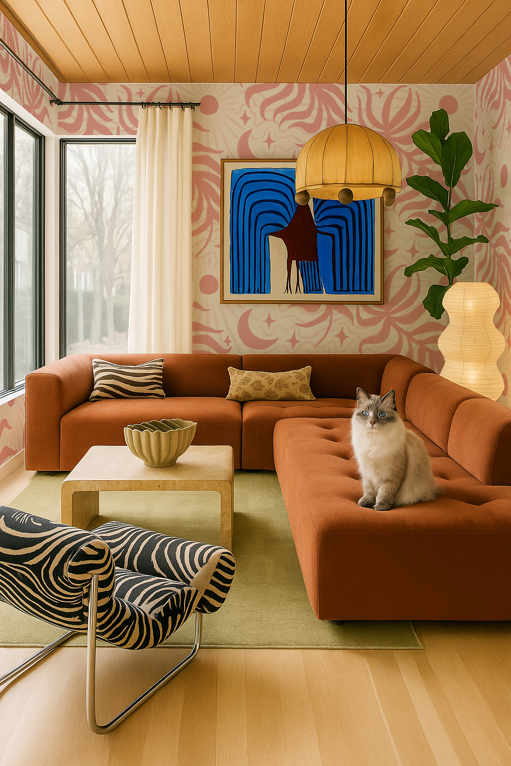 Lunar Leaf Wallpaper, beige and pink