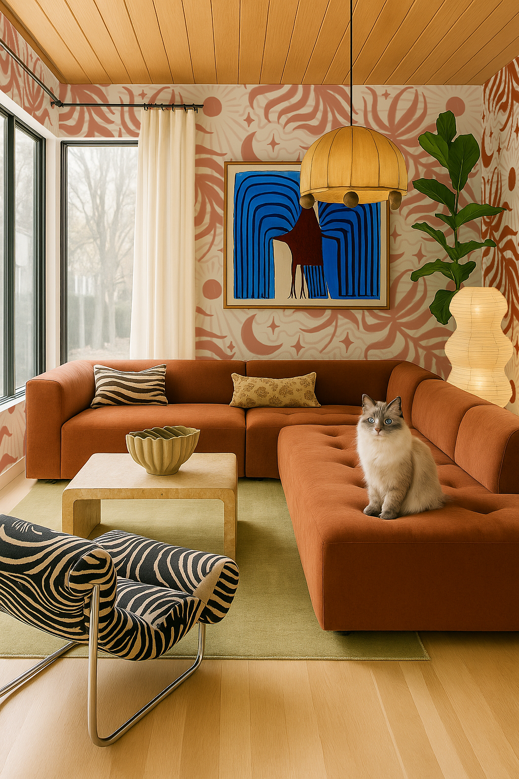 Lunar Leaf Wallpaper, beige and terra cotta