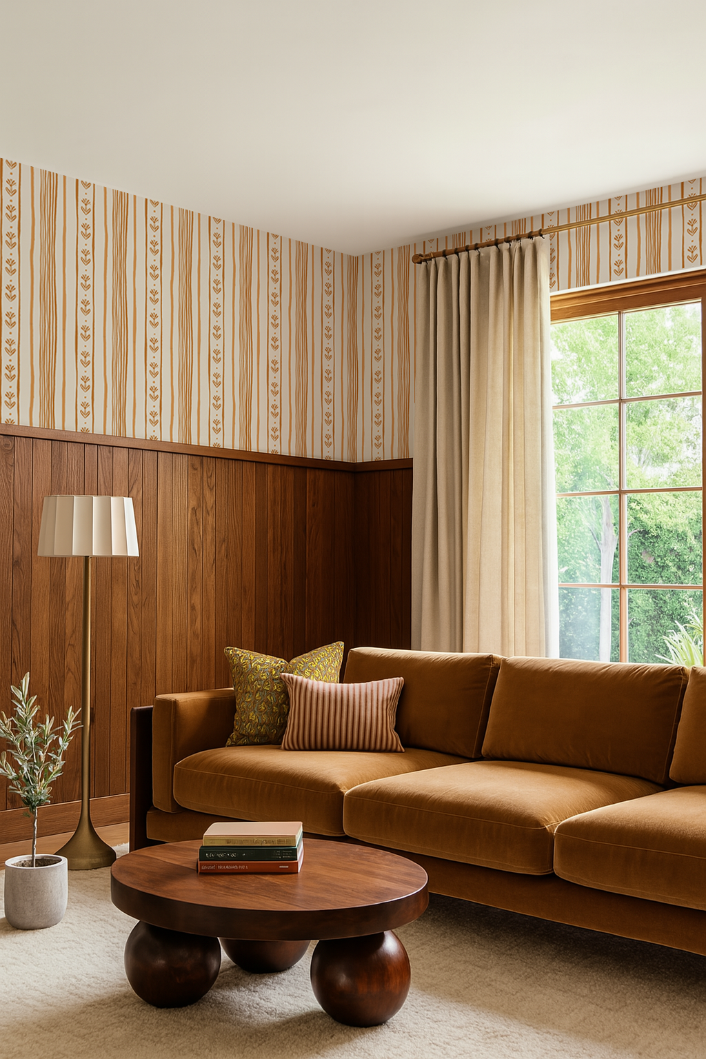 Daisy Chain Stripe Wallpaper, beige, apricot and orange