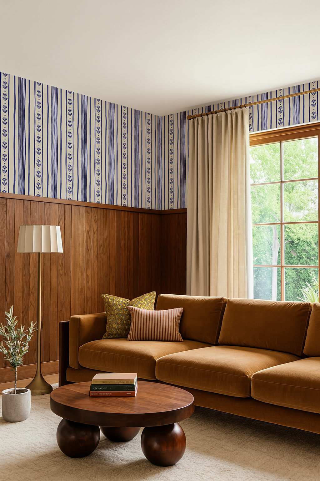 Daisy Chain Stripe Wallpaper, beige and blue