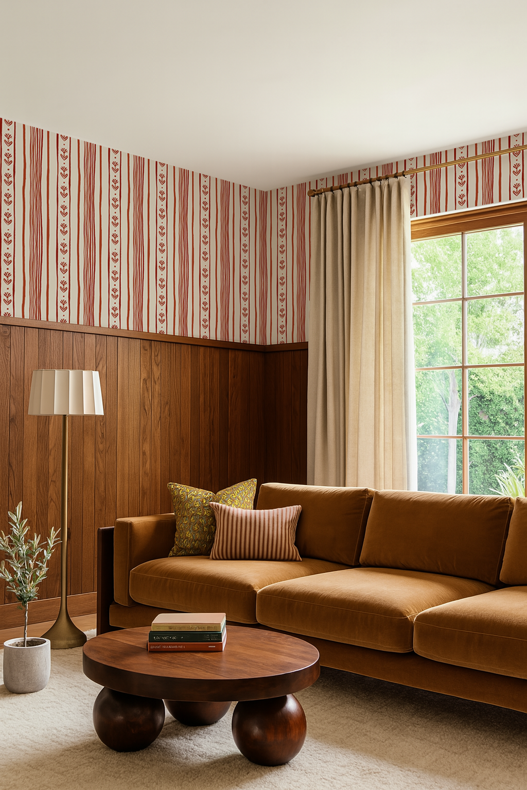 Daisy Chain Stripe Wallpaper, beige and brick red