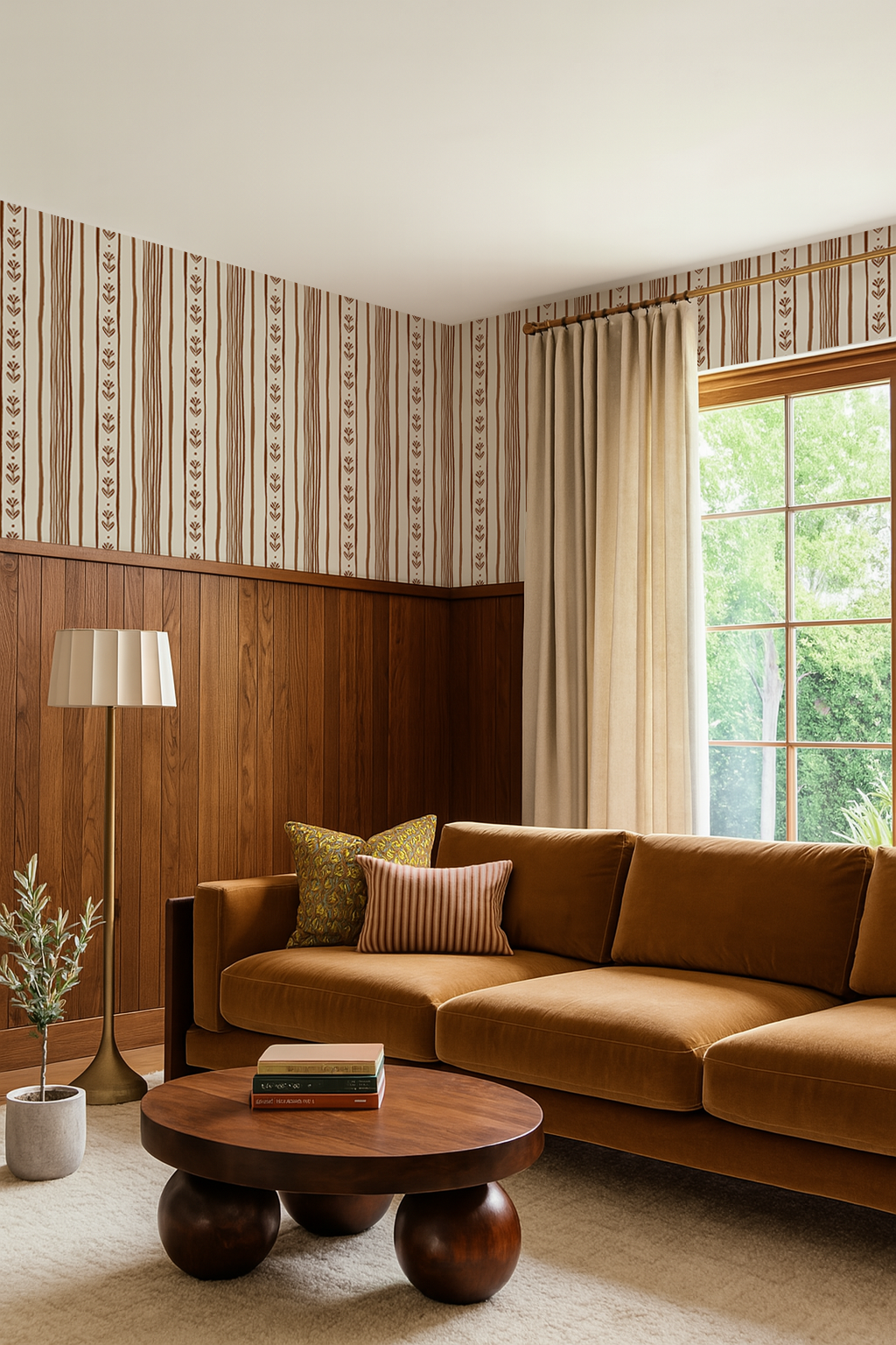 Daisy Chain Stripe Wallpaper, beige and brown