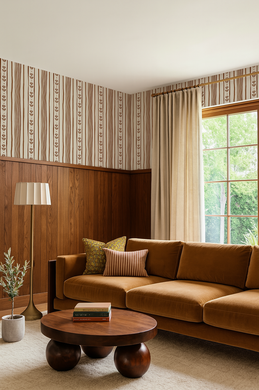 Daisy Chain Stripe Wallpaper, beige and brown