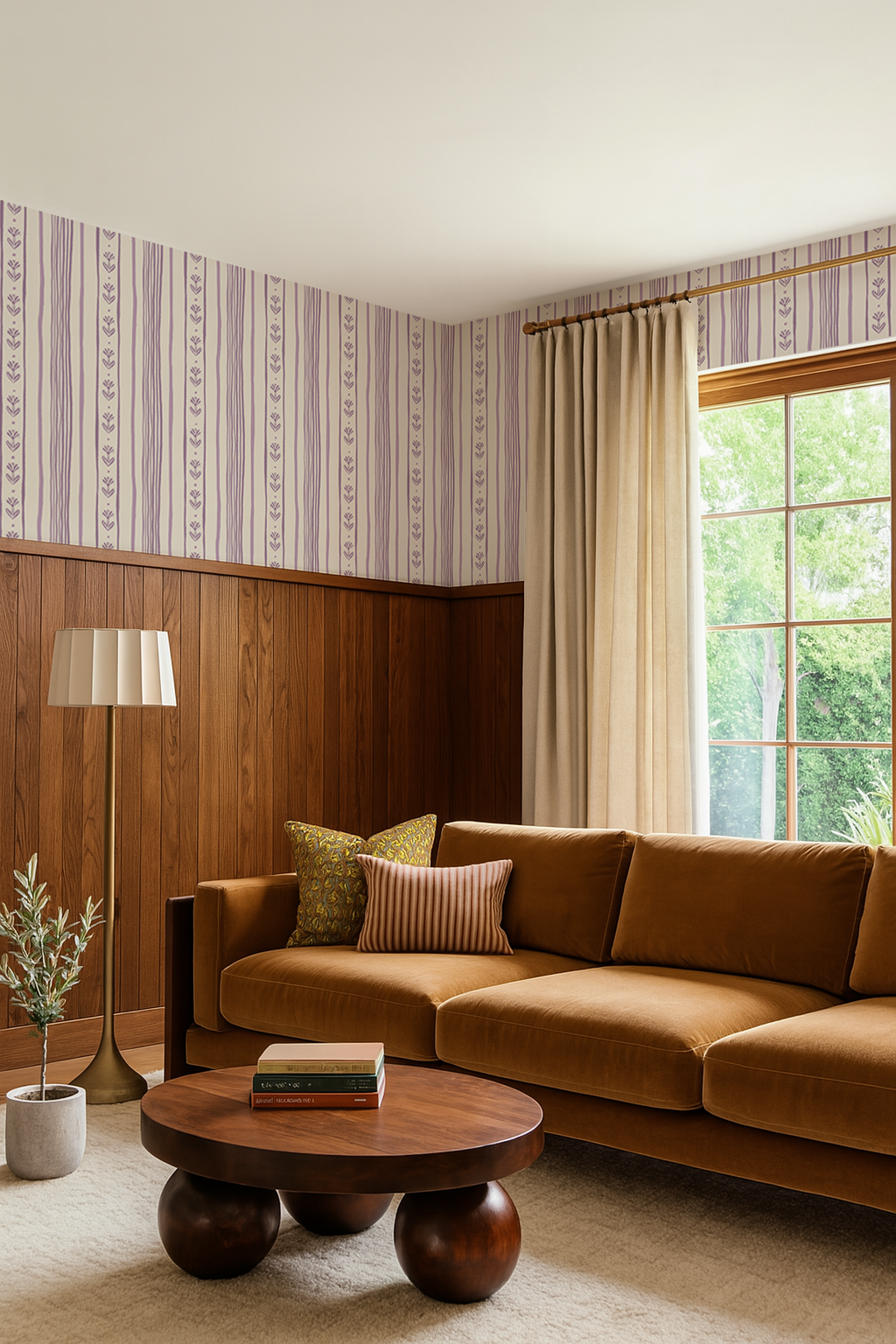 Daisy Chain Stripe Wallpaper, beige and lavender