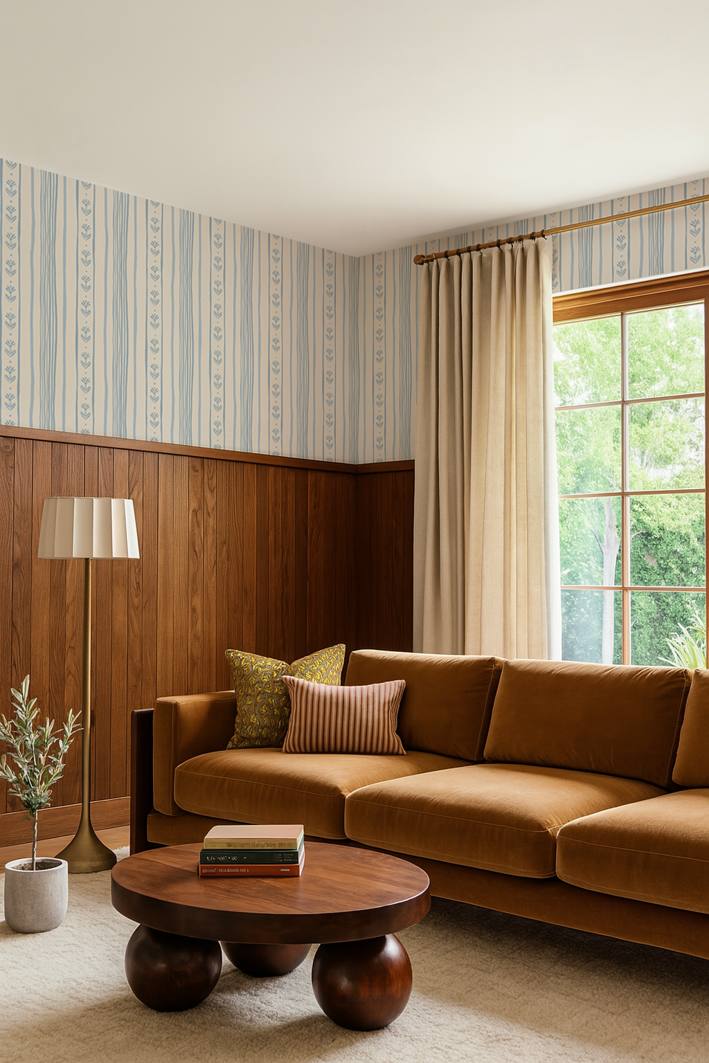 Daisy Chain Stripe Wallpaper, beige and light blue