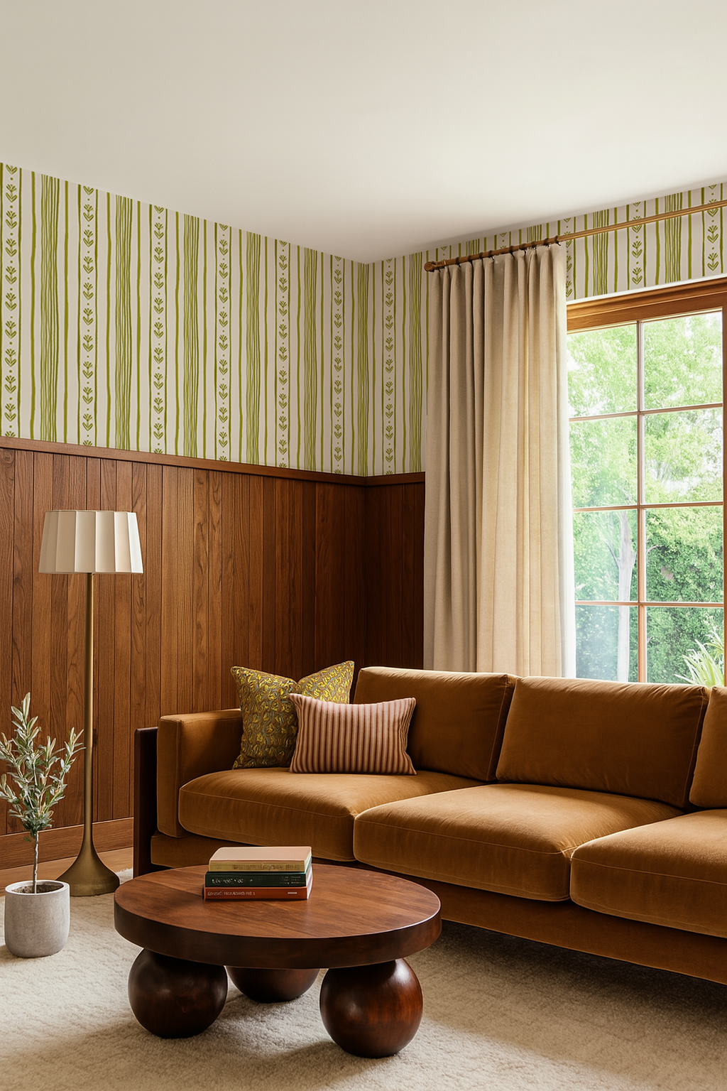 Daisy Chain Stripe Wallpaper, beige and chartreuse green