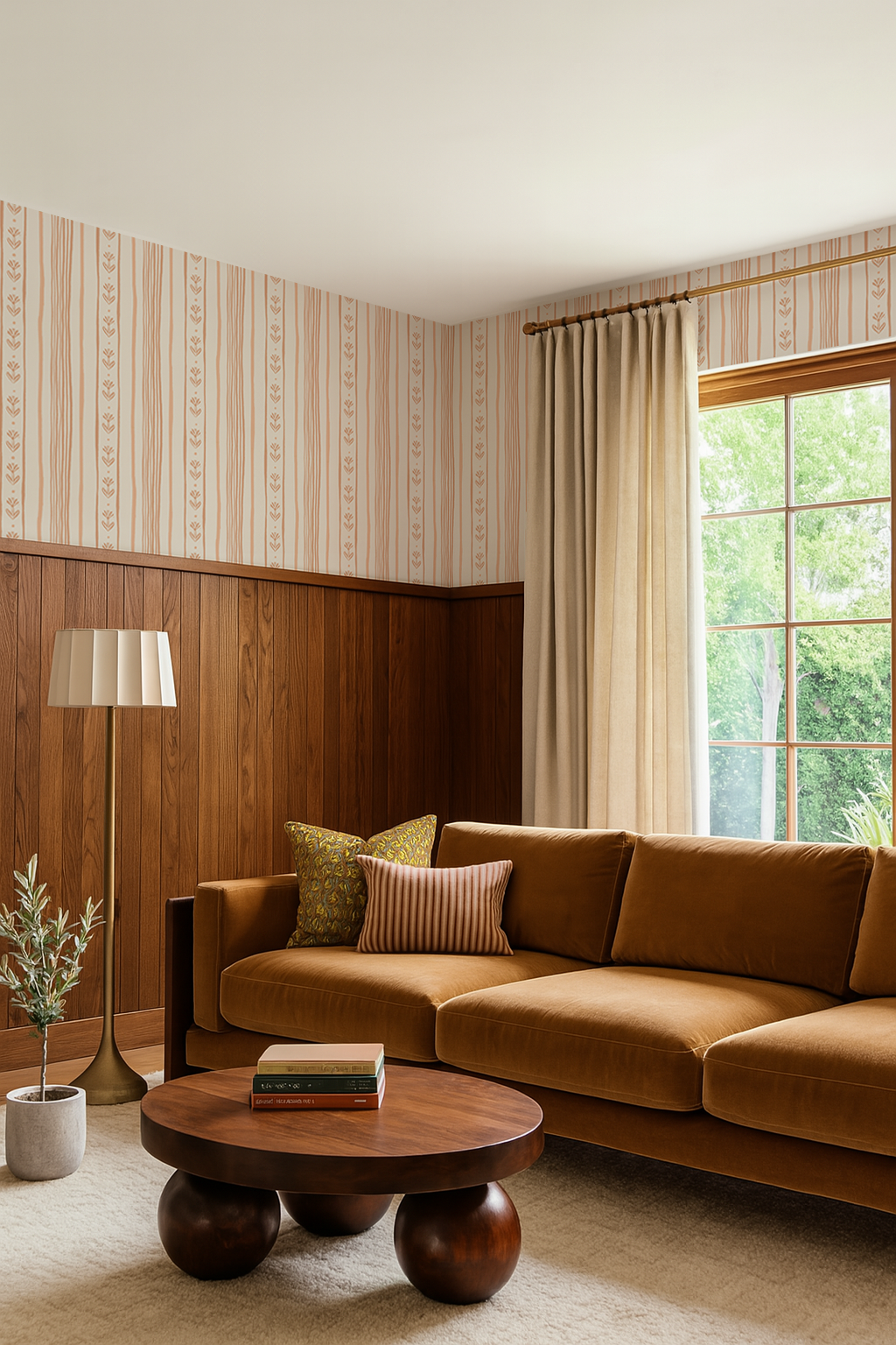 Daisy Chain Stripe Wallpaper, beige and peach