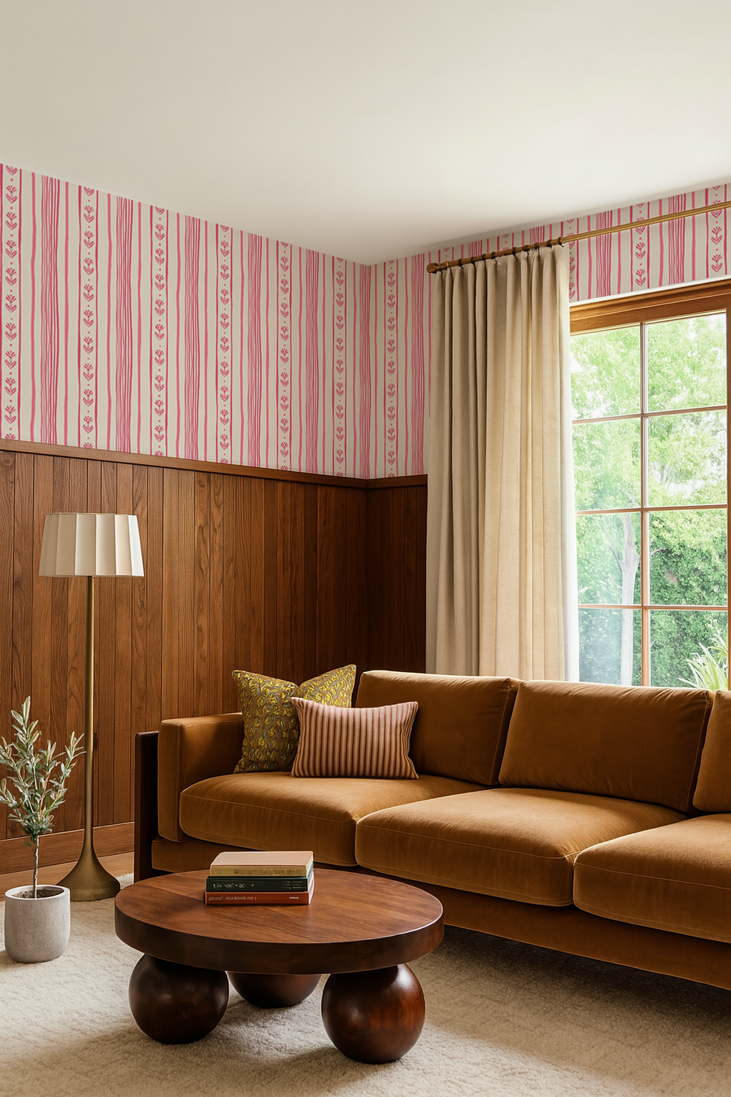 Daisy Chain Stripe Wallpaper, beige and pink