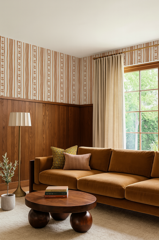 Daisy Chain Stripe Wallpaper, beige and terra cotta