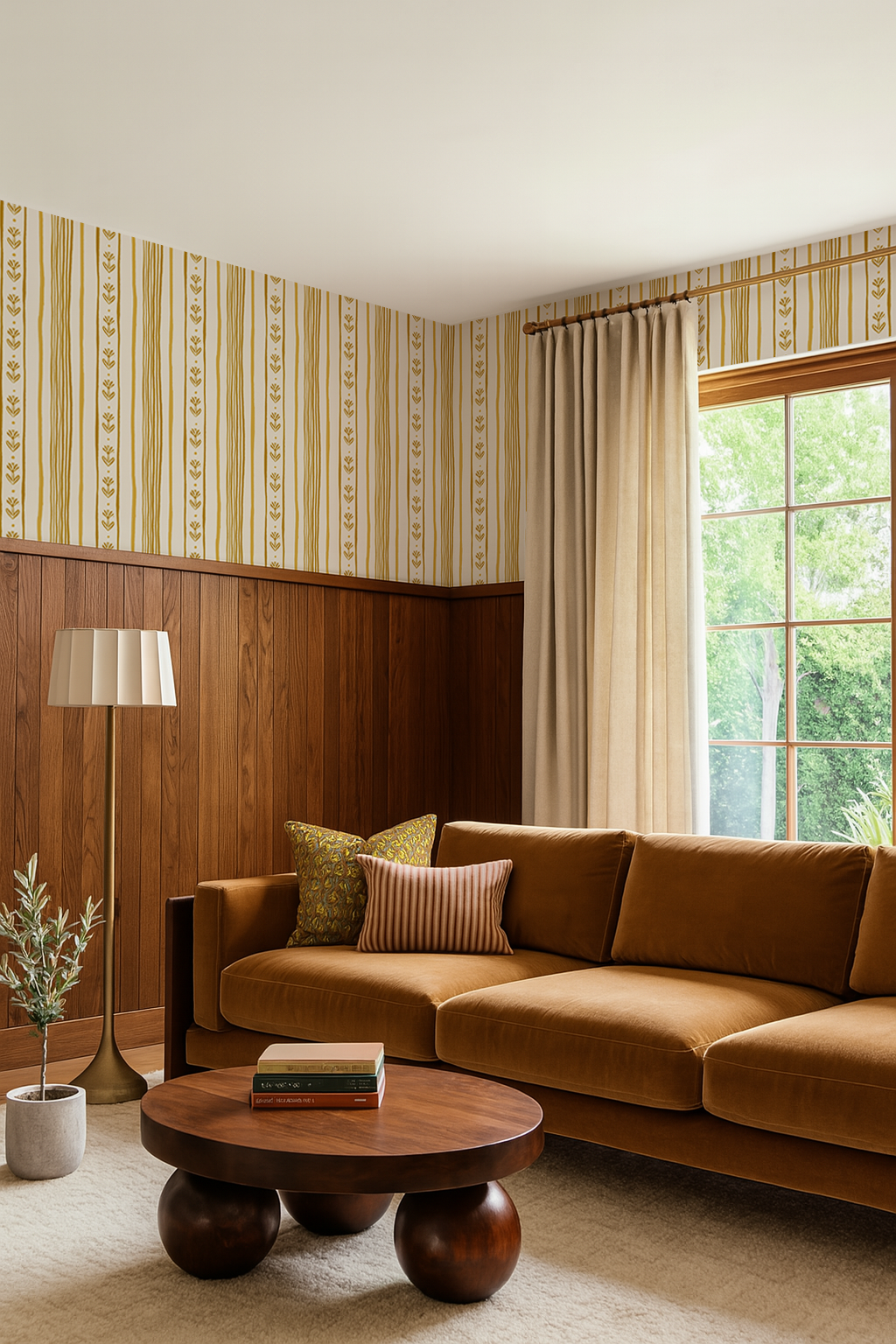 Daisy Chain Stripe Wallpaper, beige and yellow