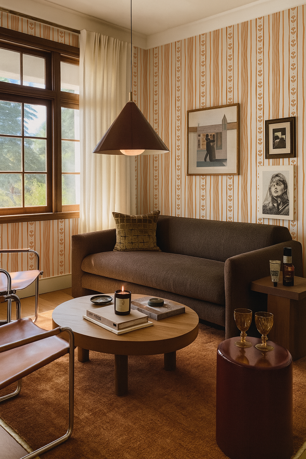 Daisy Chain Stripe Wallpaper, beige, apricot and orange