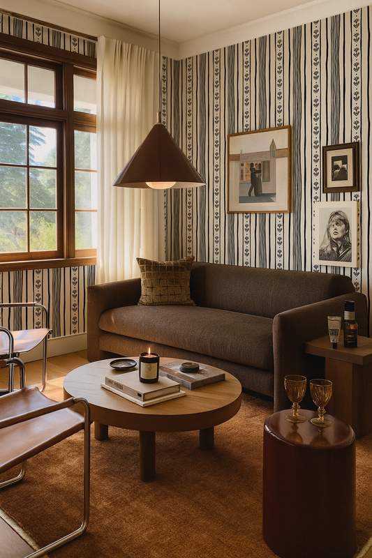 Daisy Chain Stripe Wallpaper, beige and black